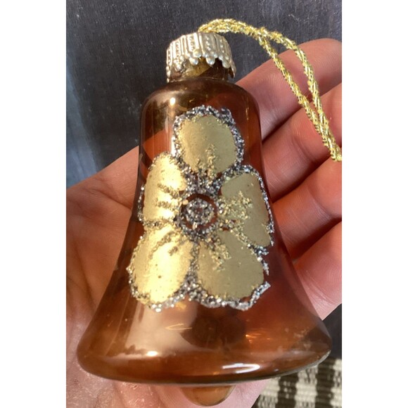 Vintage Blown Glass Bell Christmas Ornaments West Germany Brown & Gold Glitter - Picture 14 of 16